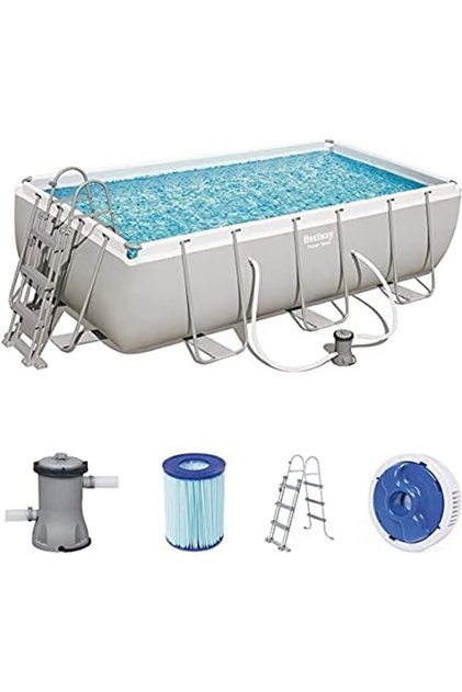 Power Steel Rectangular Steel Frame Pool Set with Filter Pump + Accessories, Grey