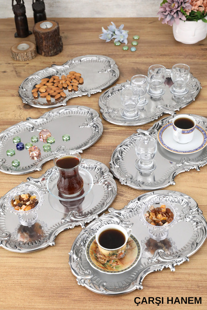 Silver Self-Engraved Patterned Coffee and Presentation Tray 6 Pieces Engagement Promise Special Guests and Presentation