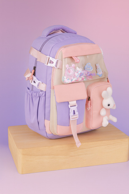 FATELLA Kız Çocuk Kore Tarzı Kawaii Tavşanlı Mor İlkokul ve