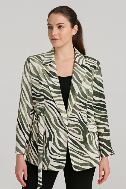 Nihal Eren Butik Zebra Desenli Mevsimlik Bağlamalı Keten Blazer
