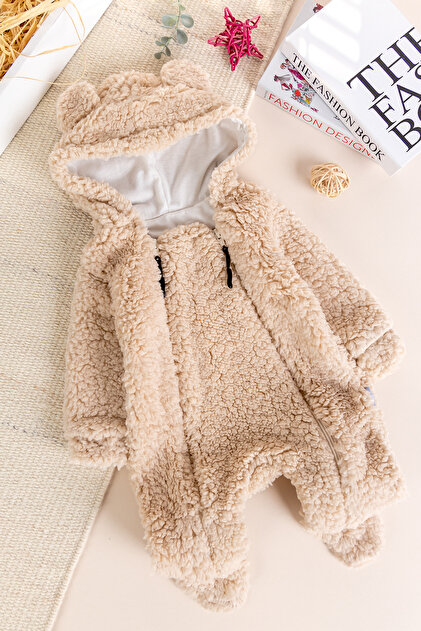 Kapüşonlu Ayıcı Figürlü Welsoft Peluş Kışlık Kız/Erkek Bebek Tulum