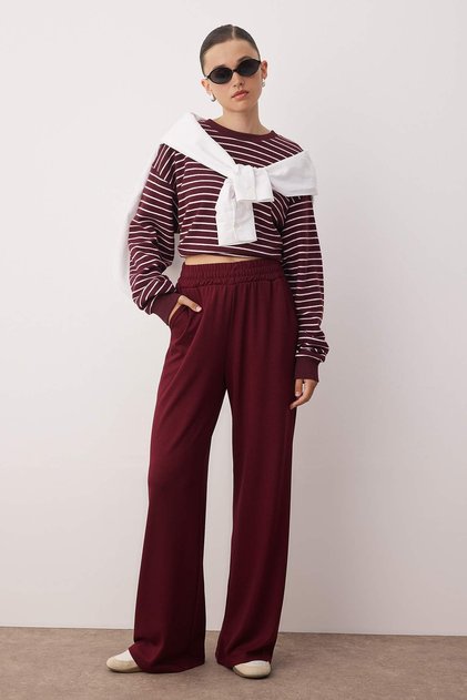 Bordo Soft/Yumuşak Dokunuşlu Cepli Wideleg/Rahat Kesim Örme Eşofman Altı Pantolon TWOAW24EA00012