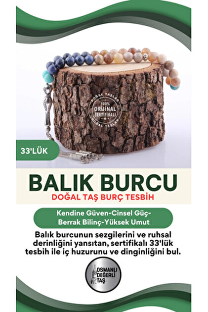 OSMANLI DOĞAL TAŞ Sertifikalı Balık Burcu 33'lük Tesbih T108
