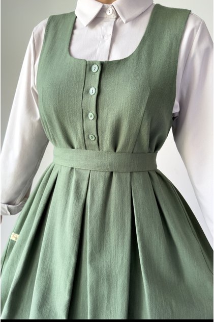 Linen Buttoned Jie Long Vintage Dress Light Green