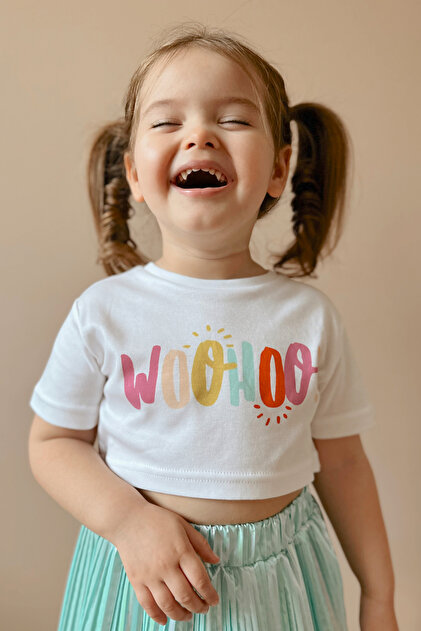 BABYLCLUB トップス Le Mabelle Beyaz Woohoo Baskılı Kız Çocuk Crop Tişört - Becky