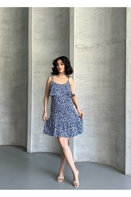 Women's Thin Strap Skirt with Gathered Volant Cotton Dress