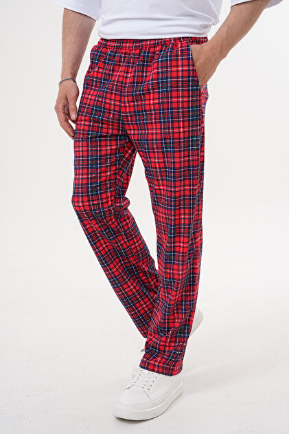 Unisex Pamuklu Cepli Beli Lastikli Kırmızı Ekose Baskılı Pijama Altı Eşofman