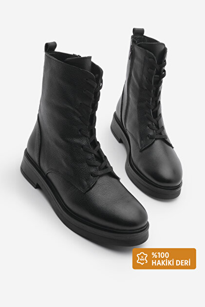 Damenstiefel aus echtem Leder mit Schnürung und Reißverschluss in Schwarz