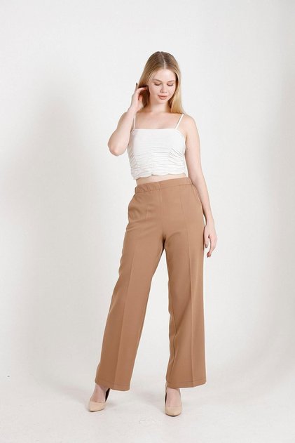 1003 Camel Palazzo High Waist Lycra Woven Women's Trousers