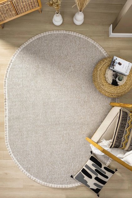 Bej Oval Dokuma Halı Salon Oturma Odası Yatak Odası Koridor Yolluk Halısı BEJ OVAL
