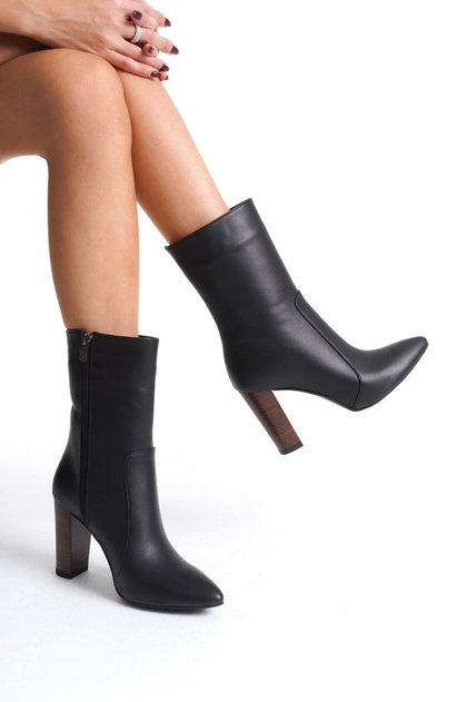 Mubiano Genuine Leather Collection Women's Zippered Pointed Toe Heeled Short Boots Black - Mcalm23151 - S