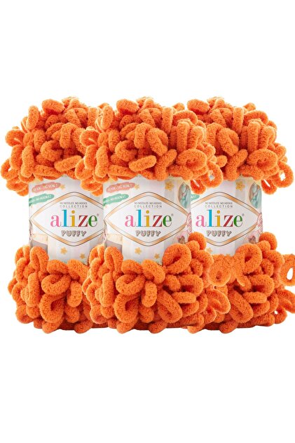 Puffy Pachet de 3 fire de tricotat manual - Fără ace - 100g x 3 bucăți - Culoare nr.: 06 - Portocaliu
