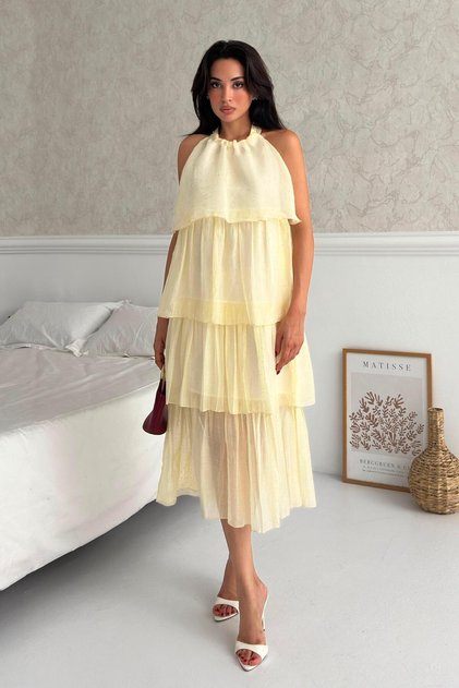 Yellow Ruffle Halter Neck Chiffon Midi Dress
