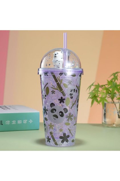 Panda Tumbler with Lid and Straw - Double Layer Insulated Reusable Plastic Cup for Girls, BPA