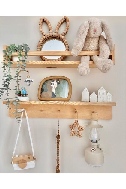 Ahşap Askılık Raf Ve Kitaplık Raf Eğitici Montessori Raf Çocuk Bebek Odası Rafı 2'li 40 Cm