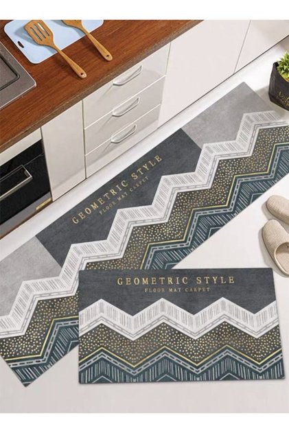 2-Piece Kitchen Non-Slip Rugs Set Geometric Design Quickly Absorbs Water Mats 120 x 40 and 60 x 40