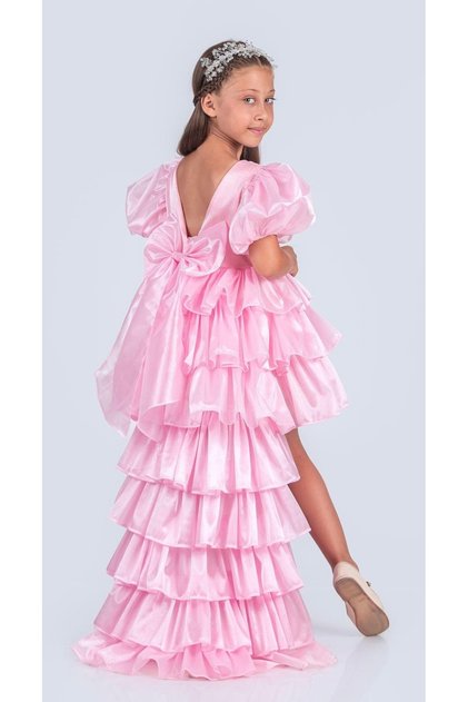 Stoned Crowned Front Short Back Long Detachable Tail Birthday Party Girl's Evening Dress