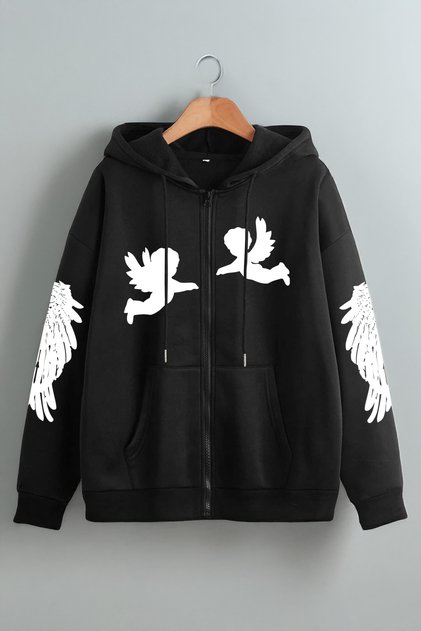 Unisex Angel Angel Printed Hooded Zippered Kangaroo Pocket 3 Thread Cardigan