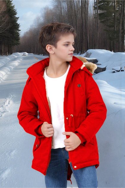 Children's Waterproof Canvas Fabric Fur Winter Thick Coat - Durable and Machine Washable