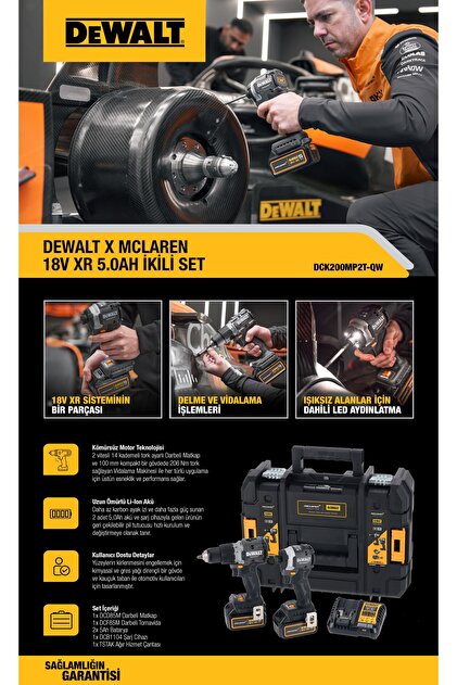 Dewalt DCK200MP2T-QW X Mclaren 2'li Set Şarjlı Vidalama Kömürsüz