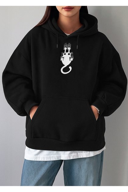 Squeaky Cat Front Printed Basic Oversize Seasonal/Winter Hooded Women's Sweatshirt - Hoodie