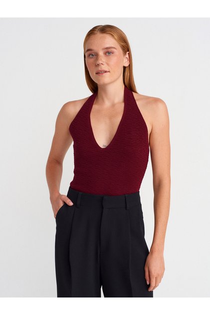 10799 Halter V-Neck Textured Knitwear Blouse-Claret Red