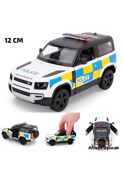 Metal Oyuncak Araba Land Rover Defender Polis Arabası Çek Bırak Metal Model Araba 1:36 Lisanslı