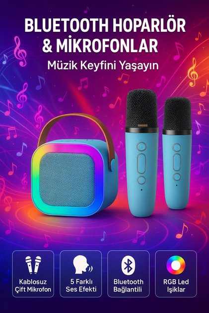 Mikrofonlu Karaoke Bluetooth Hoparlör Rgb Led Işıklı 5 Efektli Ses Bombası