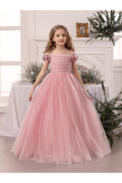 Girls Pink Ruching Detail Mesh Party Dress