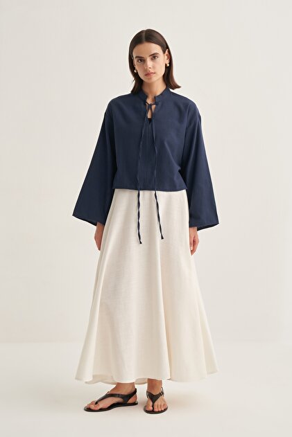 Women's Organic Cotton V-Neck Short Blouse Navy Blue