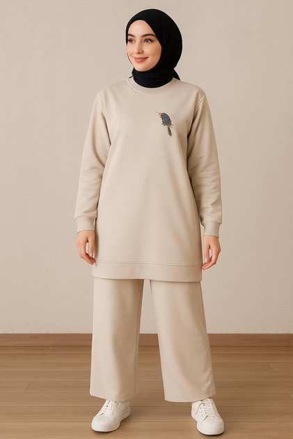 Women's Beige Hijab Clothing Stylish Elegant Bird Stone Detailed and Crew Necktunic & Pants Two Piece Set