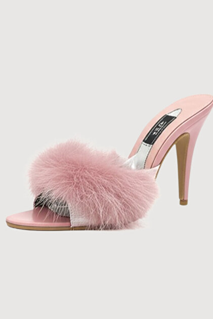 Women's Powder Pink Heeled Furry House Slippers Daily Dowry Gift Vr.Gc.02.T25.Y19