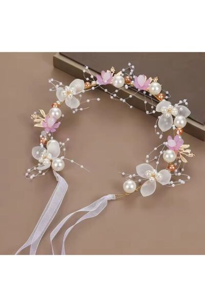 Pearl and Flower Decorated Bridal Tiara - Dark Pink Detailed