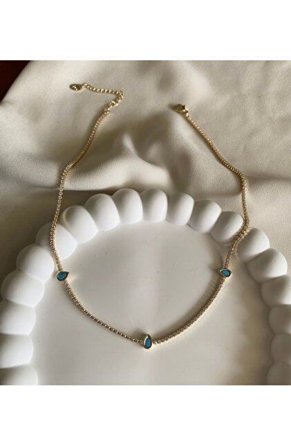 Turkuaz Damla Taş Detaylı Altın Sarısı Su Yolu Tasma Choker Kolye