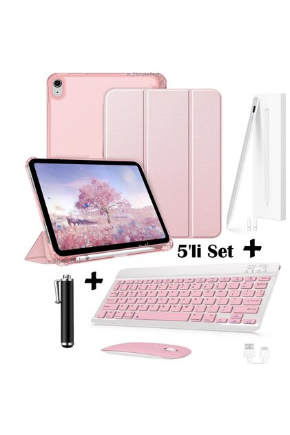 iPad 11. Nesil A16 /10. Nesil 10.9 Uyumlu Flip Kılıf + Bluetoothlu Klavye Mause + Avuç içi Red Kalem