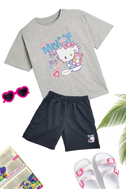 makiteks 2'li Set Baskılı KIZ Çocuk Pamuk Şort Tshirt Hello Kitty