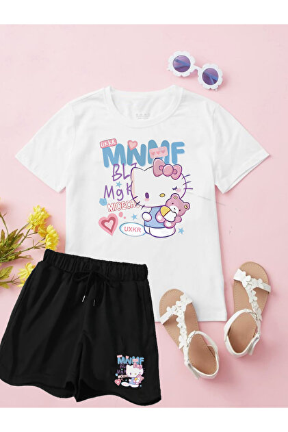 makiteks 2'li Set Baskılı KIZ Çocuk Pamuk Şort Tshirt Hello Kitty