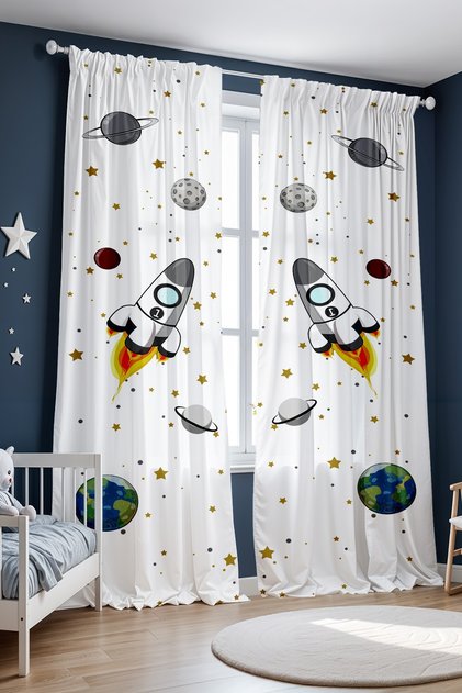 White Space and Rocket Patterned Children's Baby Room Background Curtain (Single Wing Pricing)