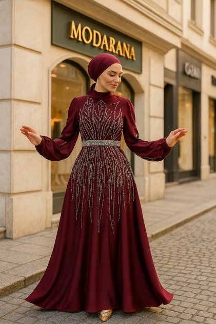 Saten Taş Detaylı Uzun Tesettür Abiye (NİŞAN-DÜĞÜN)