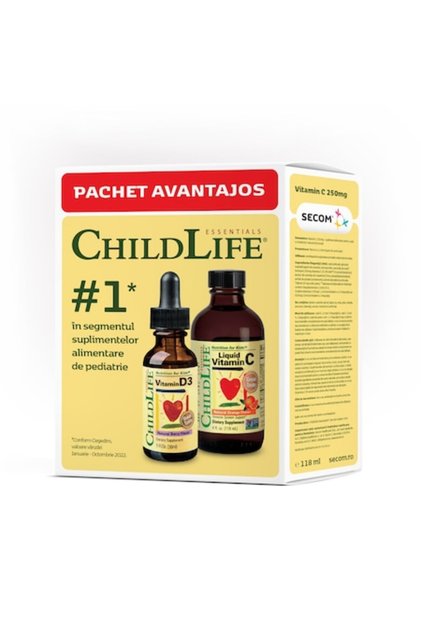 Kit de imunitate pentru copii, vitamina C 250 mg + vitamina D3 500 UI ChildLife Essentials, Secom
