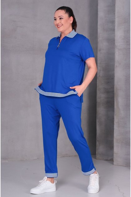 Women's Plus Size Cobalt Blue, Ribbed Collar and Hemline Blouse, Ribbed Pocket Pants, 2 Piece Set 65N39065