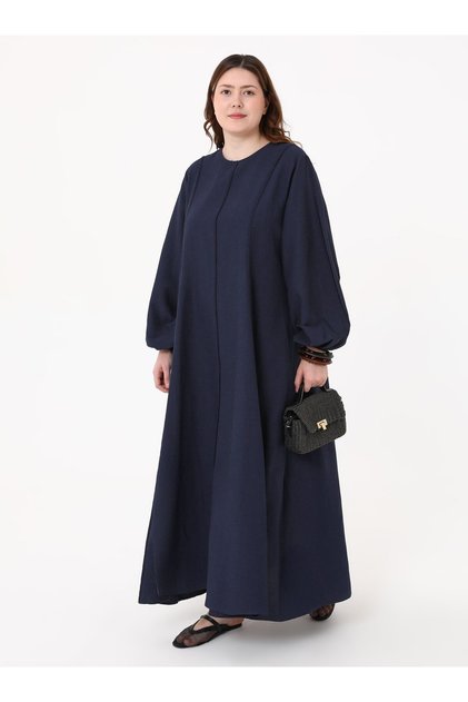 Large Size Dress with Stitching Detail and Sleeves - Navy Blue -