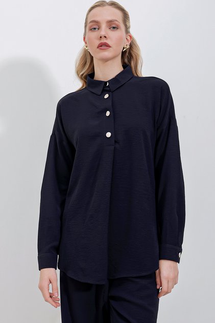 Women's Oversize Tunic Trousers Double Set Navy Blue 1093