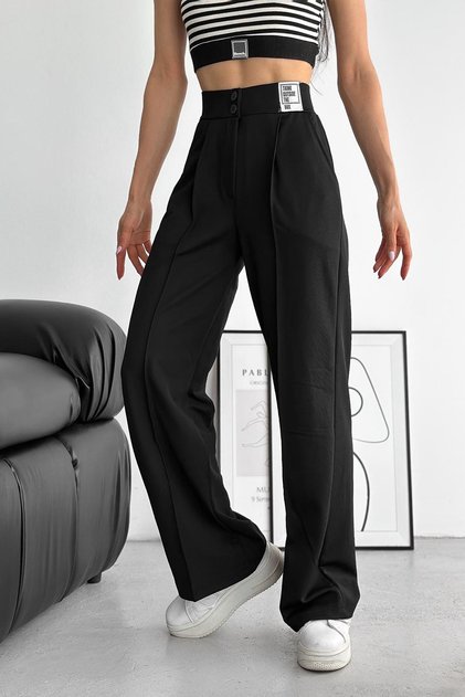 Pantaloni negri talie înaltă pentru femei – Stil de stradă cu detalii de mesaje