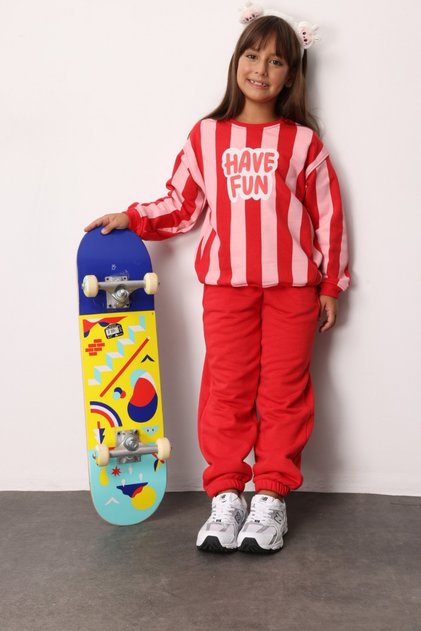 Red Have Fun Printed Striped Girl's Tracksuit Set - Phoebe