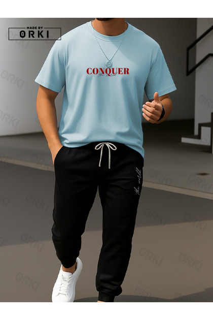 Conquer the World Printed Oversize Light Blue T-Shirt & Black Pants Tracksuit Set