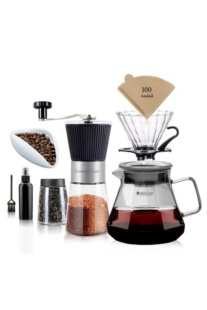 طقم قهوة V60 مكون من 8 قطع – طقم قهوة صب رمادي مزود بمغرفة، مطحنة، فلاتر، صينية، أداة تقطير