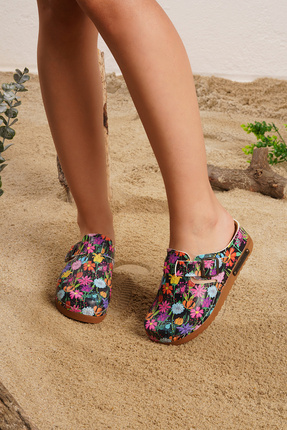 azizsahinshoes 5419 Renkli Çiçek Çapraz Sabo Terlik - Fiyatı