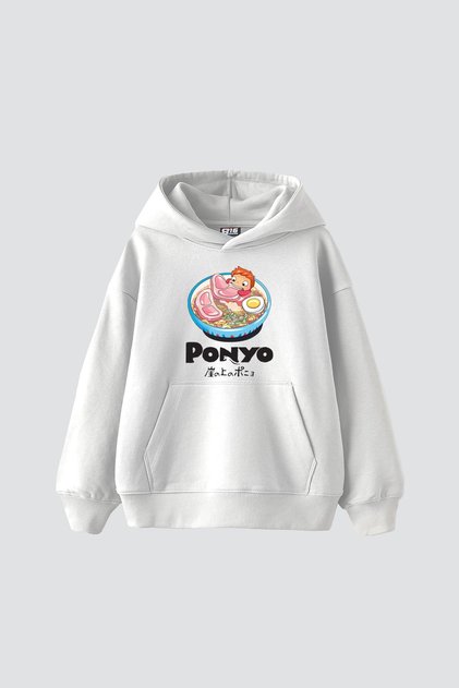 Ponyo Printed Oversize Unisex White Hoodie