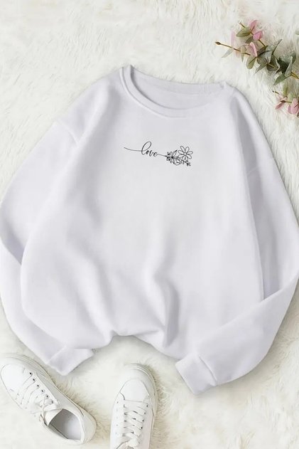 Unisex White Love Flower Printed Crew Neck Sweatshirt - Winter Embossed Fabric